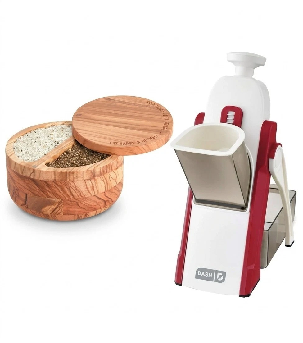 DASH Safe Slice Upright Mandolin Cranberry + DASH Divided Olivewood Salt Cellar