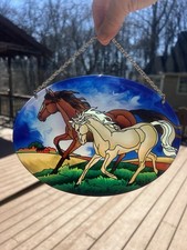 Stained Glass 2 Horse Sun Catcher silver chain Legs up Colorful oval 2004