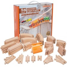 56 Piece Wooden Train Track Set with Tunnel Adapters Compatible with Major Br...