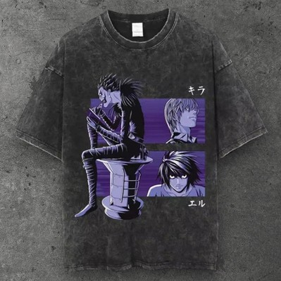 Mens Japanese Shinigami T Shirt Washed Black Anime Streetwear