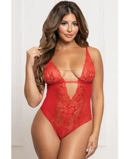 Seven ’til Midnight Red Lace and Mesh Open Crotch Teddy w/Rhinestone Detail