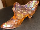 Vintage Fenton 6"  Floral Art Glass With Sticker Slipper Peach Sunset Iridescent