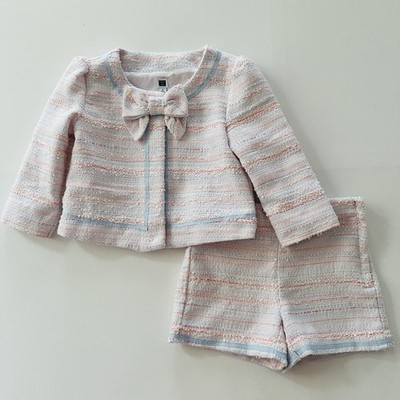 Janie and Jack Girls 5 Pastel Pink Tweed Bow Jacket & Shorts Set