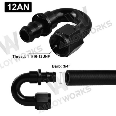 1PC 12AN 180 Degree Push Lock Hose Fitting End Black Aluminum 1 1/16-12UNF