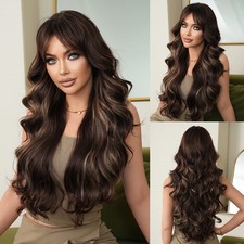 31in Women's Brown Highlight Wavy Wig Curtain Bangs Synthetic Cosplay Party