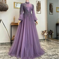 New Style Luxury Long Muslim Evening Dress Beading Lace A-Line Tulle Prom Gowns