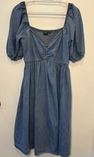 GAP Chambray Denim Smocked Midi Dress Puff Sleeves M Tall