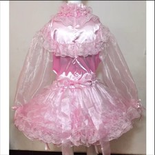 Pink Smooth Satin High Collar Dress with Tulle Panels Long Sleeves Princess Gown