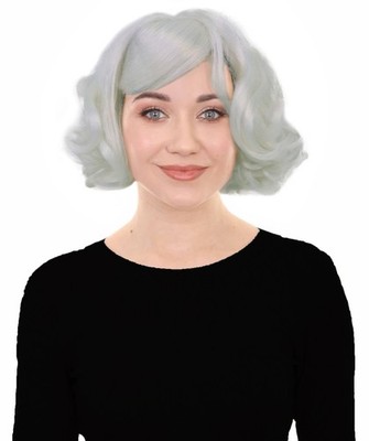Weiße Lockenperücke mit Pony für Erwachsene Damen | kurze Lagenlook Kunstfaserperücke