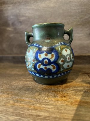 Vintage Miniature Holland Gouda Small Art Deco Pottery Vase Urn Green Blue Gold