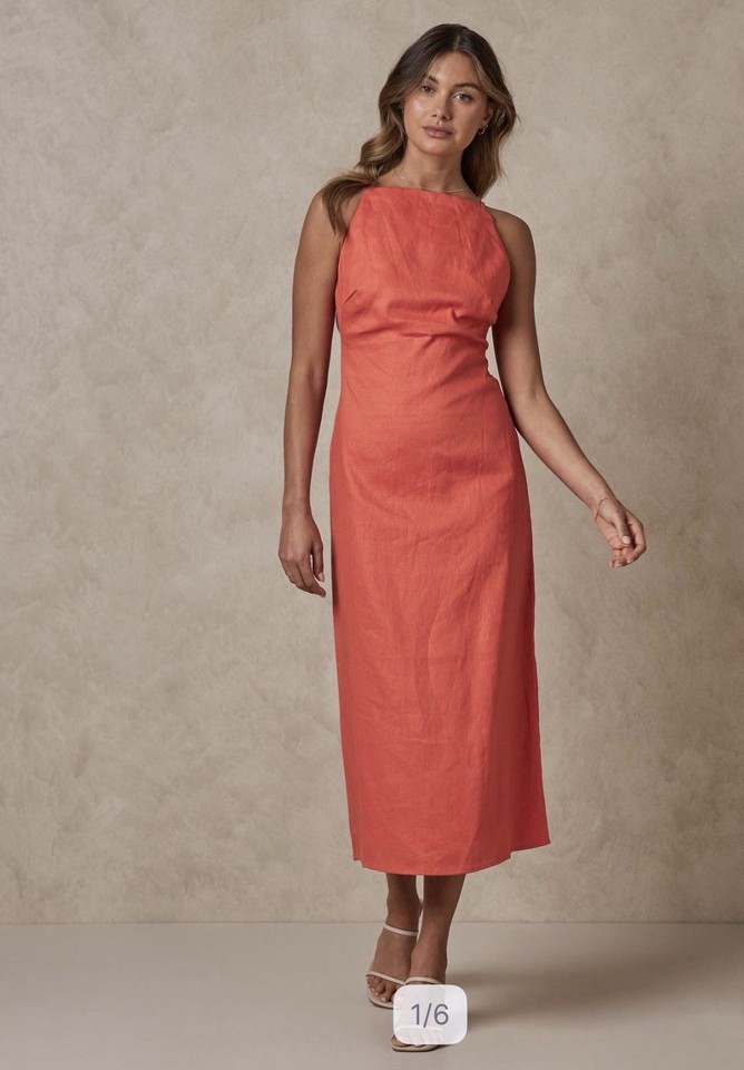 Aere  Coral Slip Dress High Neck Sleeveless Midi Open Back Tie Closure size 10