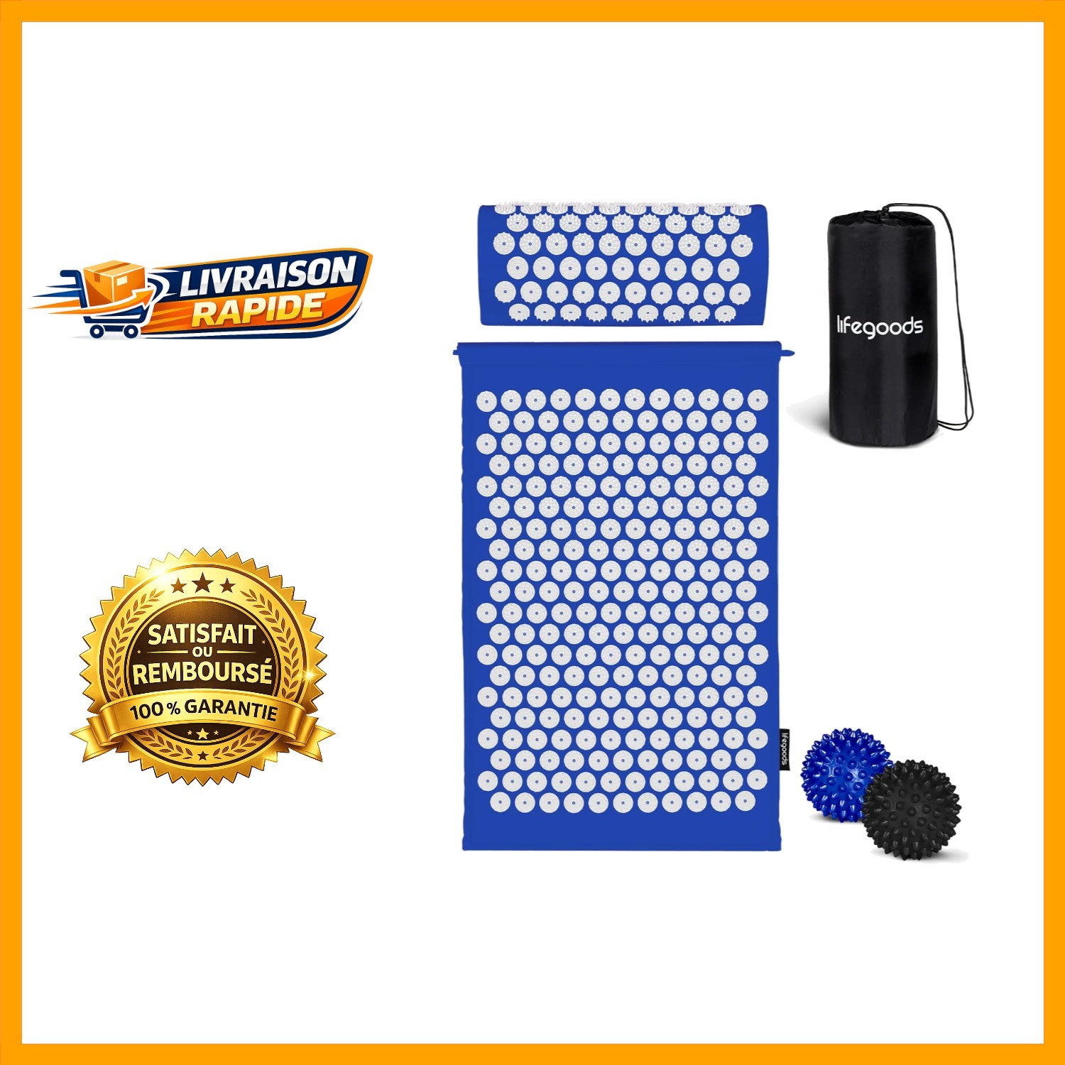 Tapis d'acupression ergonomique en coton biologique LifeGoods avec coussin nuque