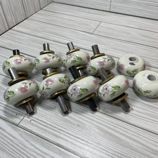 10 Vintage Porcelain Bed Post Finials Floral Ceramic Ball Creamy Pink Green READ