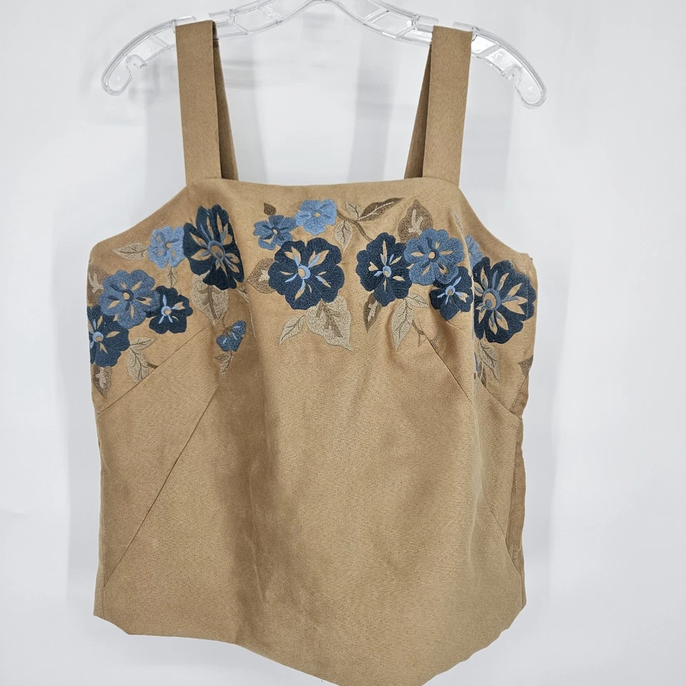 Embroider Suede Corset Tank Top Large Boho Festival Lined Zip Floral Western - Image 2 of 4