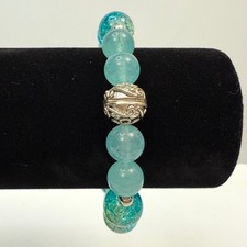 Teal Aqua Glass Beaded Bracelet Silver Tone Accent Stretch Jewelry Fashion