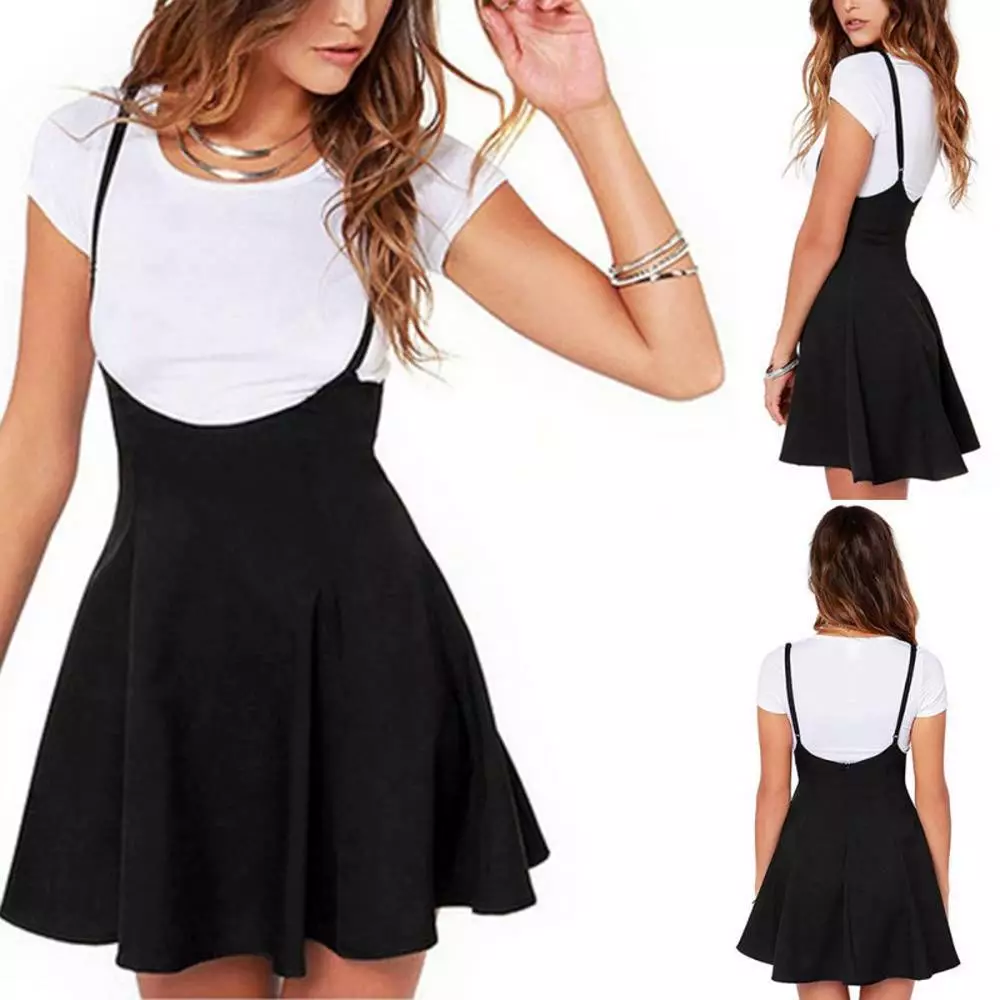 Womens Black Suspender Pleated Skirt Slim High Waist Shoulder Straps Mini Dress