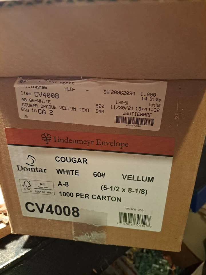 250 Lindenmeyr 5-1/2 x 8-1/8 A8 COUGAR NATURAL 60# VELLUM CN4008 DOMTAR ENVELOPE - Image 2 of 3