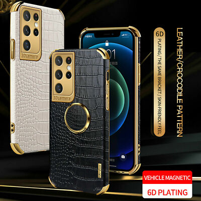 For Samsung S22 Note20 Ultra S21 S20 S10 Plus Crocodile Leather Ring Stand Case 