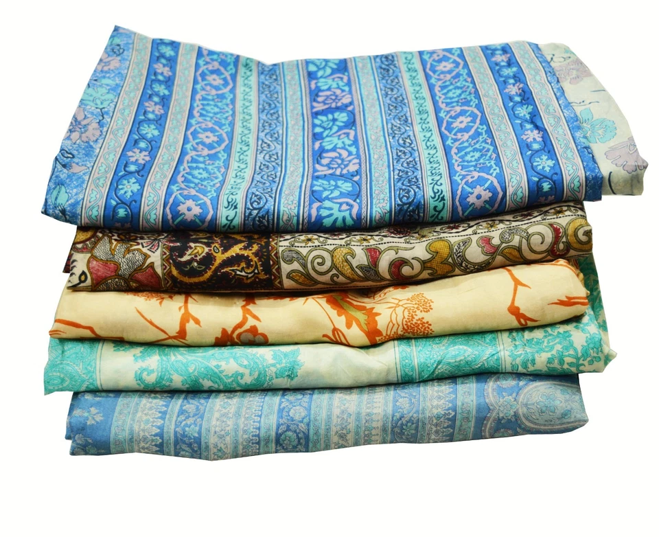 Vintage Lot Of 5 Sarees Recycled Used Felting Quilting Pure Silk Sari defects - Image 2 of 4