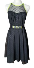 Princess Vera Wang Black Polka Dot Neon Yellow Trim Belted Chiffon Dress Size 5