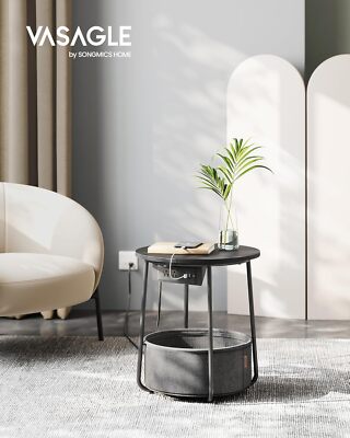 Side Table with Charging Post with Fabric Basket End, USB Port, Ebony