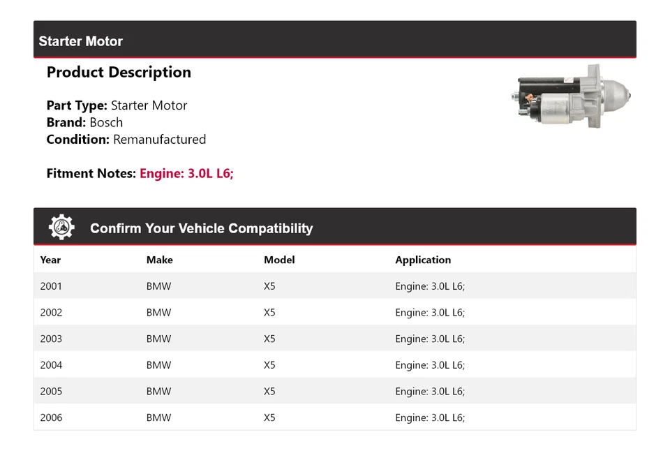 Arranque Bosch BMW X5 2001-2006 3,0 L L6 (Remanufacturado) 2002 2003 2004 2005 Foto 2 de 4