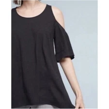 Anthropologie Black Cold Shoulder Relaxed Fit Pullover Short Sleeve Slub Tee XS