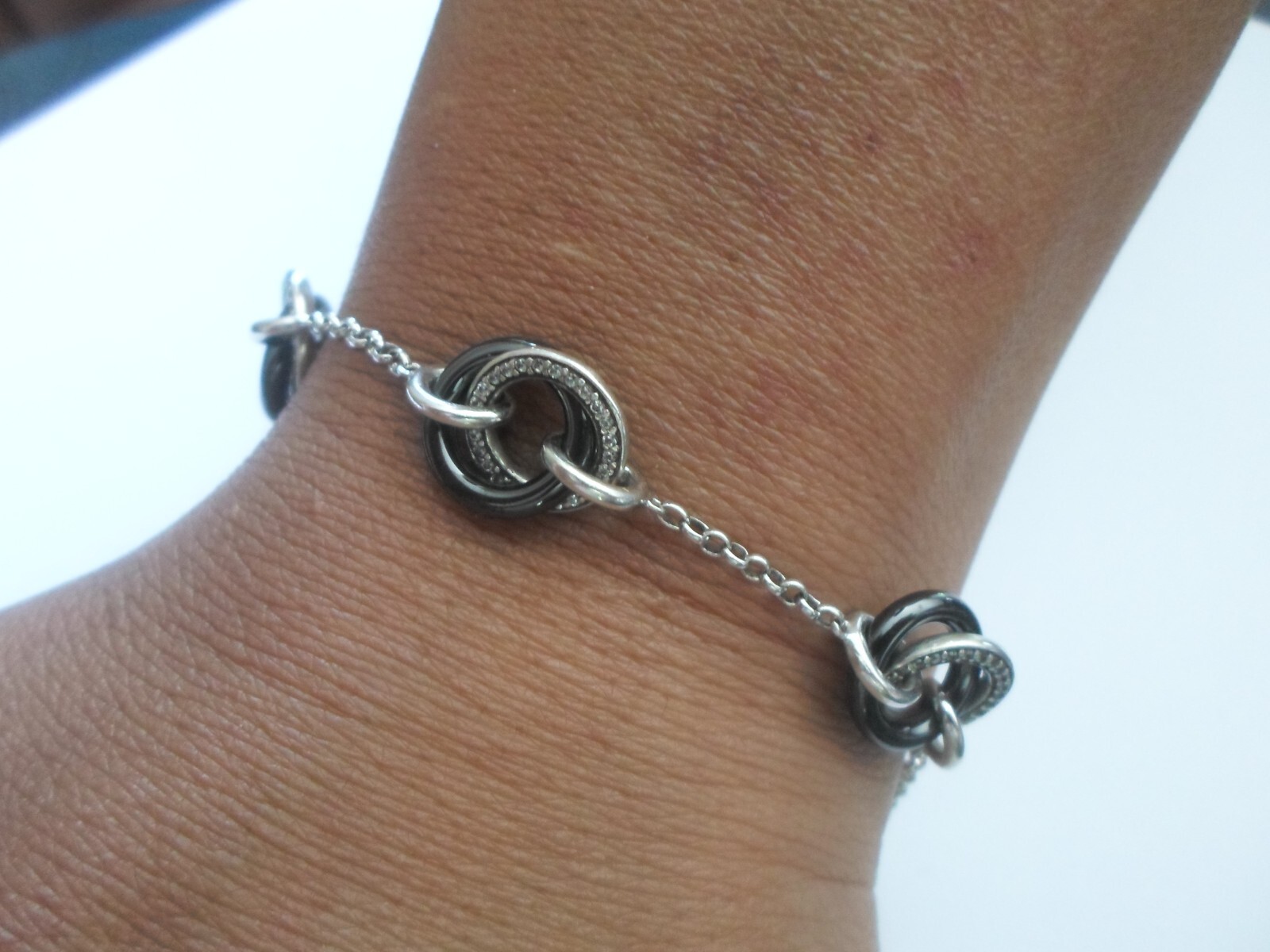 solid silver bracelet, interlaced circles, zircon… - image 2