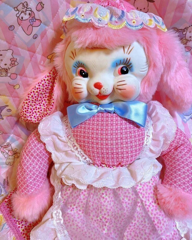 RUSHTON Rubber Face Plush Bunny Pink Doll 60cm Lace flower Vintage
