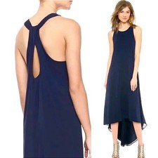 Alice + Olivia Silk Keyhole Knot Back Navy Maxi Dress High-Low Drape XS