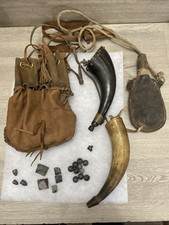 ANTIQUE POSSIBLES BAG POWDER HORNS SET MUZZLELOADER LEATHER FLASK LEAD MORE