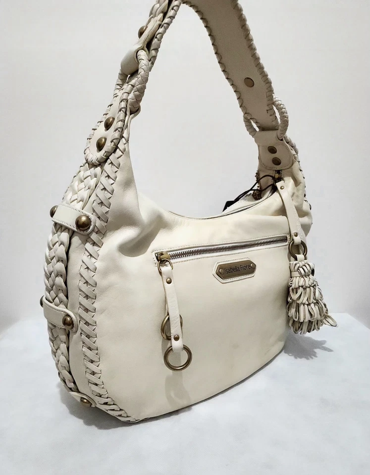 Bolsa boho Isabella Fiore couro hobo creme bordado floral frisado - Imagem 4 de 4