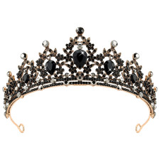 Gothic Crown Headpiece - Black Baroque Tiara with Vintage Rhinestones for Women
