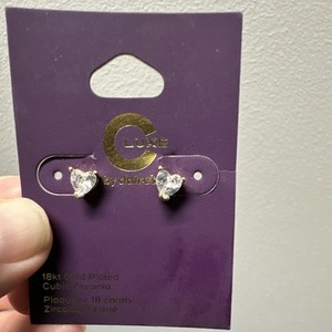 Authentic Claire S Luxe 18Kt Gold Plated Heart Stud Earrings Cubic Zirconia Clear