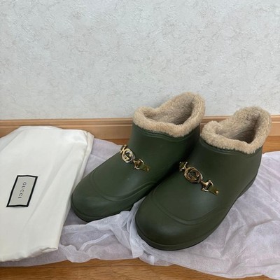 Authentic Gucci Green Rubber Short Boots Size 6 Unisex Shearling Horesebit Shoes