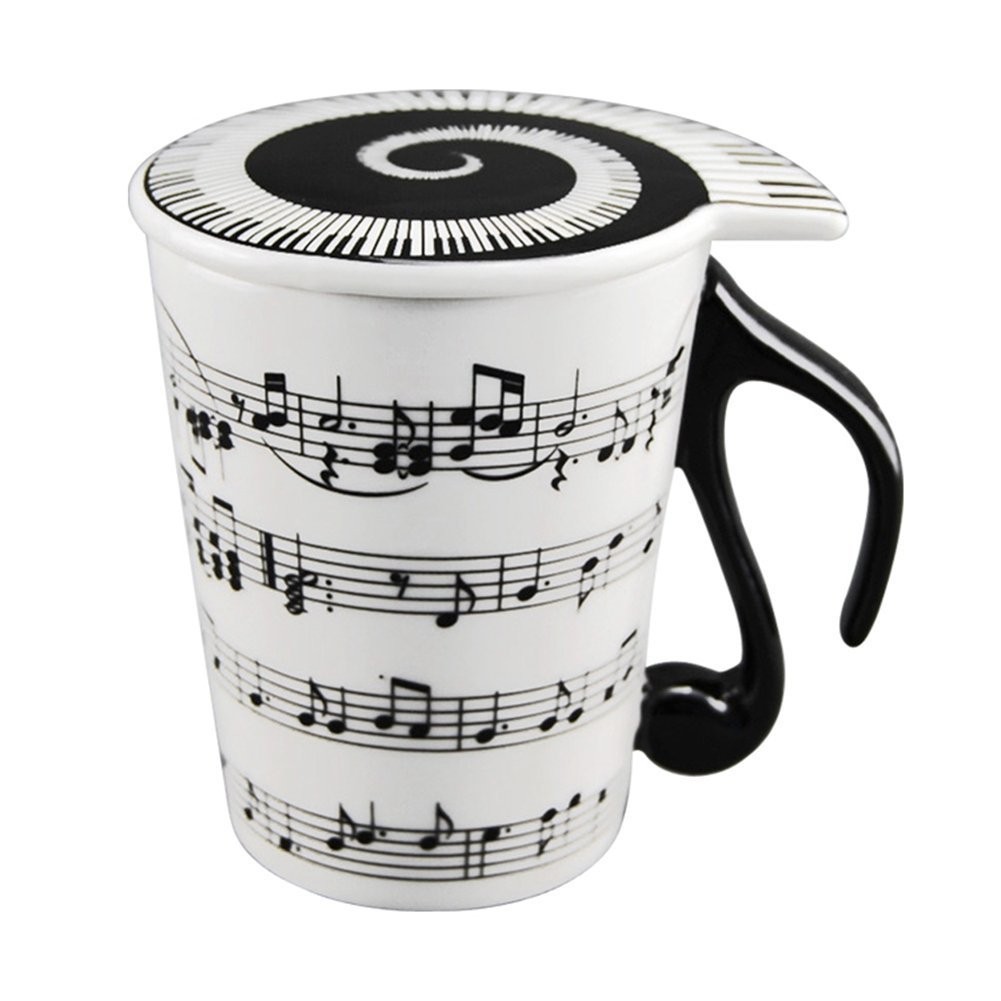 HLJgift Creative Ceramic Musician Coffee Mug Tea Cup with Lid Staves Music No...