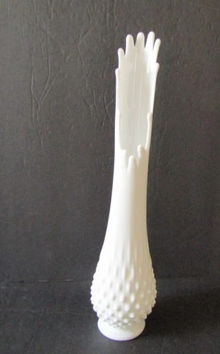 Fenton White Milk Glass Hobnail Swung Vase 14 3/4” Tall MCM 12 Fingers