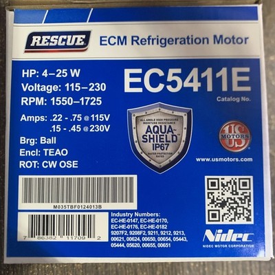 US Motors RESCUE ECM Refrigerator Motor - EC5411E - HP 4-25W - V 115-230