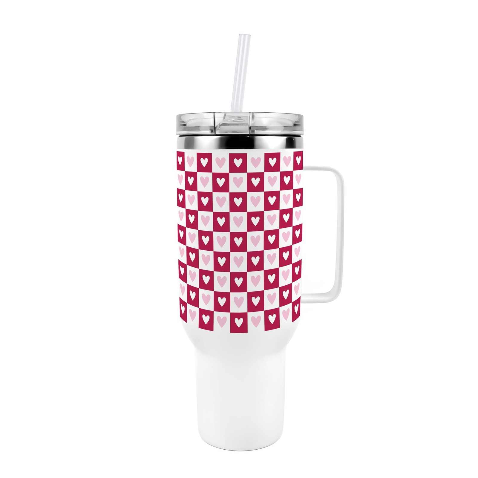 Dark Pink Chequered Hearts Travel Tumbler - Metal XL Cup Gift