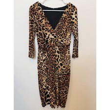 David Meister Leopard Print Twist Front V Neck Midi Dress Stretch Size 6