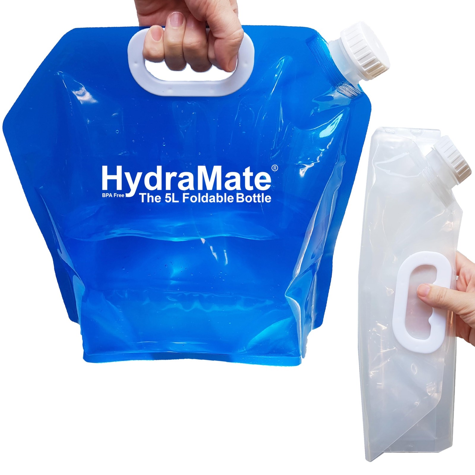 HydraMate Water Carrier Camping Bottle Collapsible. 2 2 x 5L, Blue and Clear