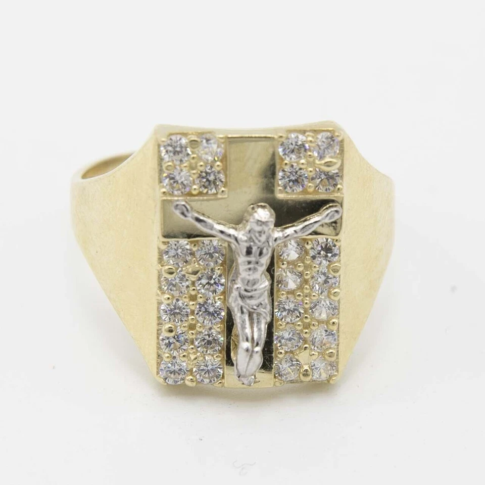 Anillo Crucifijo Jesús Circonita cúbica Oro Amarillo Blanco 10K Sólido Real - Todos los Tamaños Foto 4 de 4