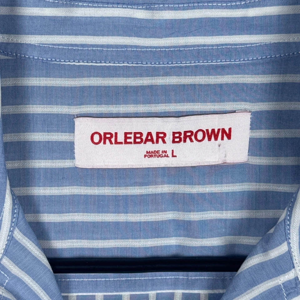 Camisa Orlebar Marrón Hombres Grande Azul Travis Cuello Campamento Manga Corta Botón Rayas Foto 3 de 4