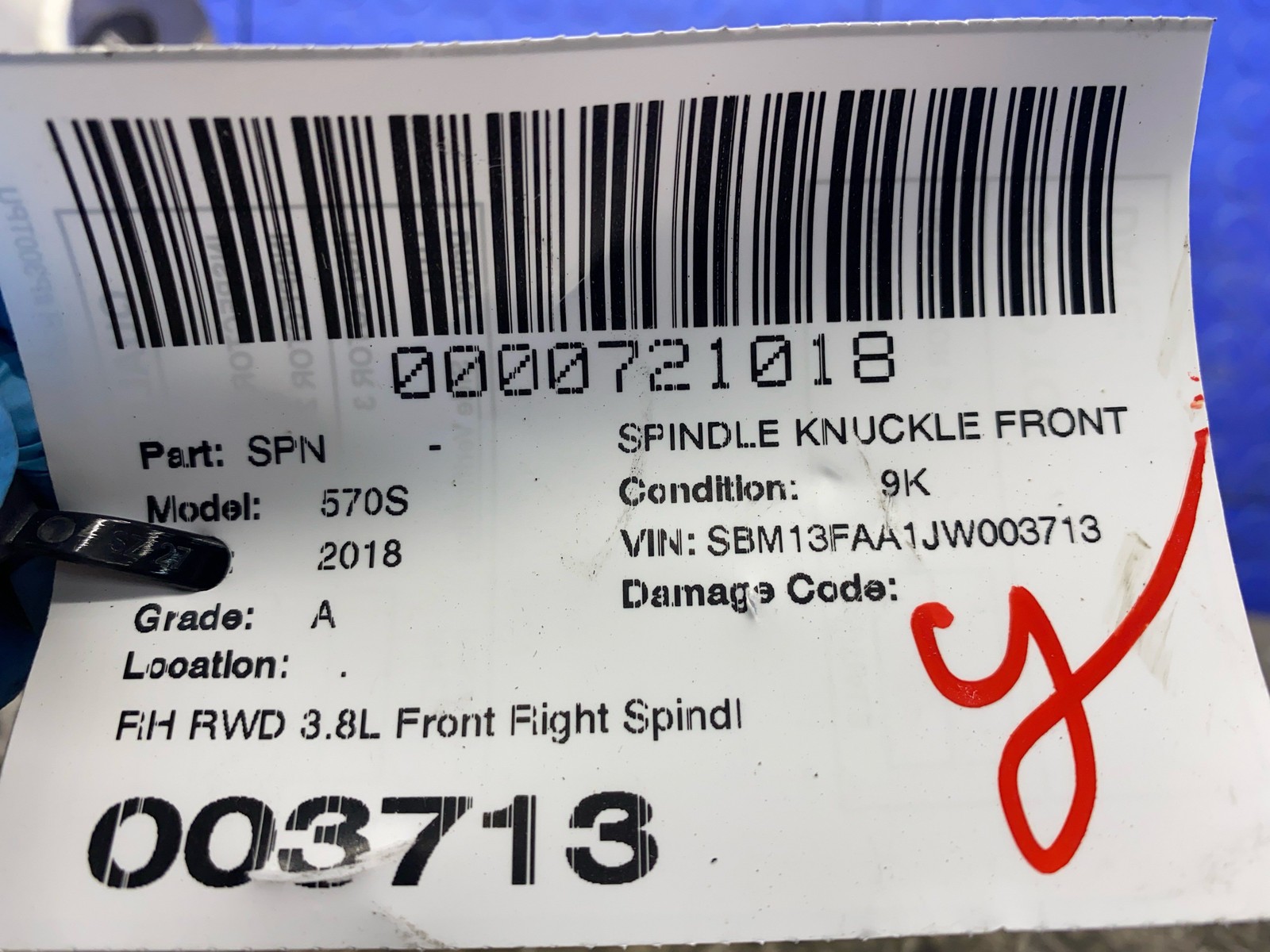 2016-2021 Mclaren 570s RWD 3.8L Front Right Spindle Knuckle Hub Assembly oem