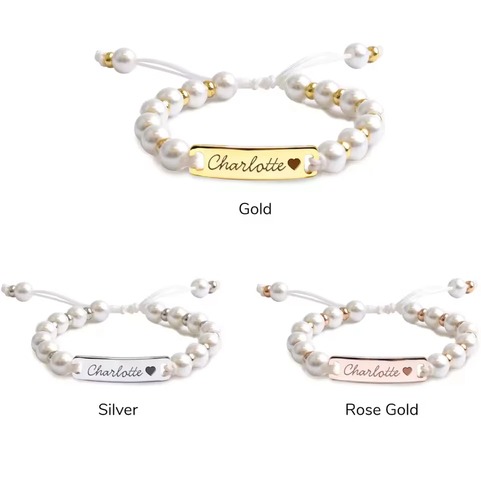 Custom Engraved Name Baby Pearl Bracelet Stainless Steel Jewelry Gold Silver - Image 4 of 4
