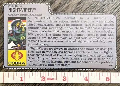 Vintage Hasbro GI Joe File Card - Night Viper - Cobra Night Fighter - Card Only