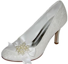 HBH Satin Brautschuhe mit elegante Spitze, Schleife,Perlen verziert,8cm Absatz