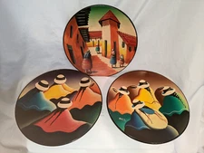 Ecuador Folk Art Hand Painted Indigenous Women Plates Signed Adalid Bright Color