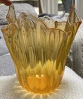 VTG Murano Glass Studio Ruffled Golden Honey Color With Gold Flakes Vase Bowl