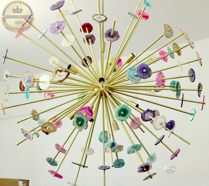 Riesig Achat Lampe Kronleuchter Natürlich Steine Lichter Premium Messing